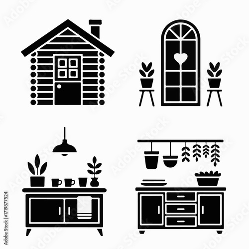 Rustic cabin with charming window and cozy kitchen scenes, presented in a clean, modern pictogram style for versatile design applications