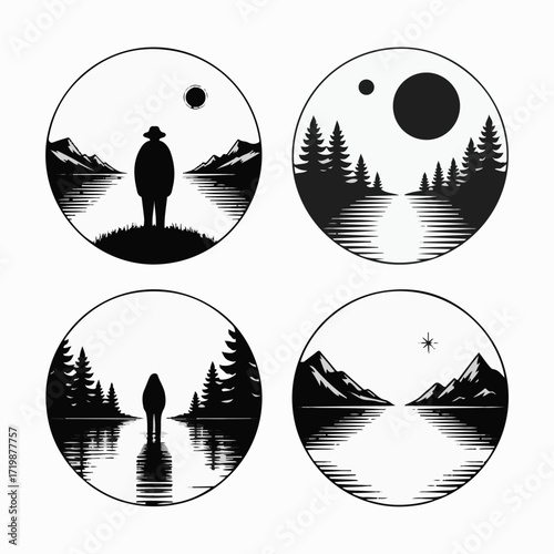 Evocative concepts of nature's grandeur and human solitude, presented as a quartet of minimalist monochrome illustrations capturing serene landscapes and distant horizons