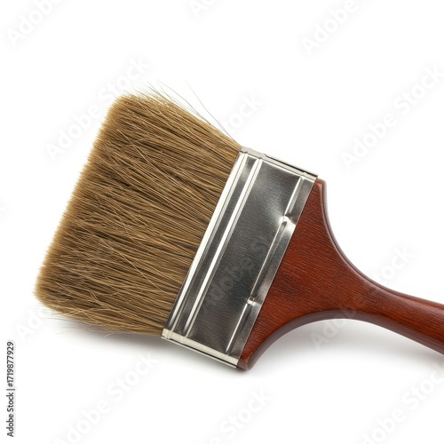 A close-up view of a paintbrush with a light brown bristle and a reddish-brown wooden handle, set against a plain white background.