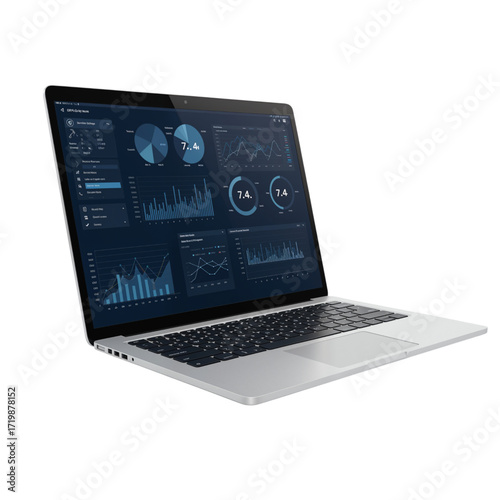 Modern laptop displaying dynamic data analytics and digital interface on screen isolated on transparent background