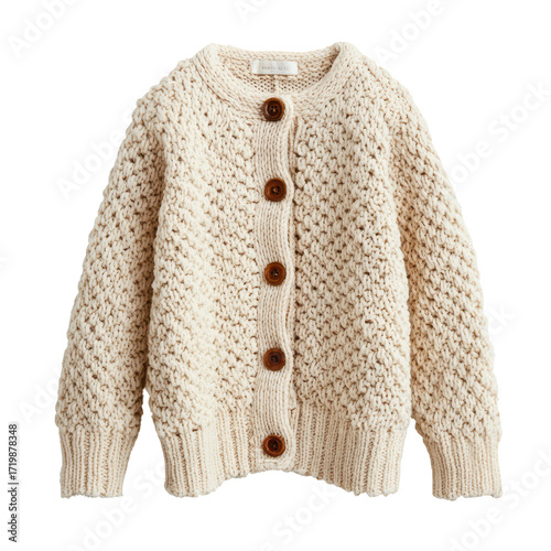 Cream colored chunky knit cardigan with brown buttons isolated on transparent background