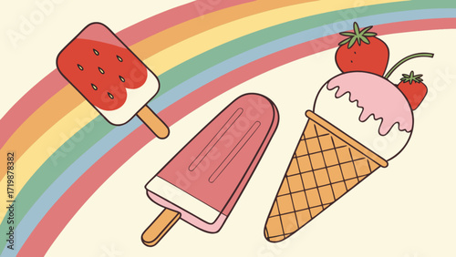 Delicious summer treats ice cream and popsicles with rainbow background vector illustration