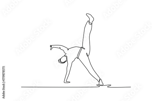 Continuous one line drawing attractive man performing an acrobatic high kick while leaning on one hand, fluid Capoeira movement, balance, and power. Single line draw design vector graphic illustration