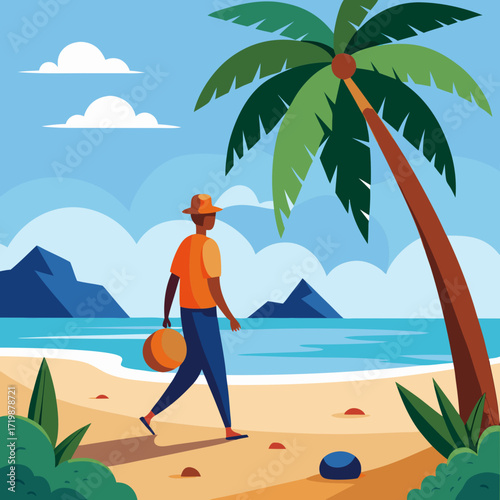 Stylish man enjoying a relaxing beach walk under a tropical palm tree, a vibrant summer getaway, perfect for travel ads and vacation promotions, originally created as scalable vector graphics