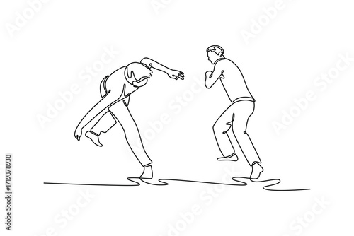 Continuous one line drawing two people engaged in intricate dance of Capoeira, with one figure evading and the other observing, arts fluid strategy. Single line draw design vector graphic illustration