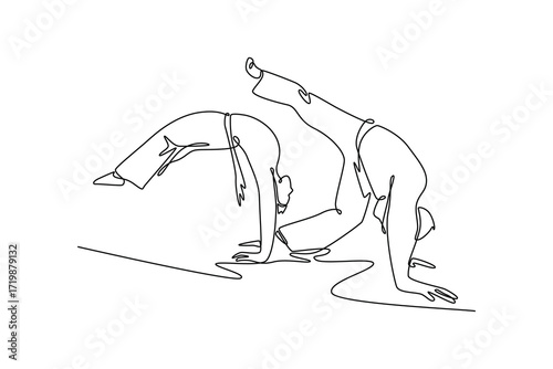 Single continuous line drawing two figures in a graceful Capoeira routine, both in bridge poses, highlighting the fluid, acrobatic partnership. Dynamic one line draw graphic design vector illustration