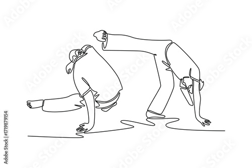 Single continuous line drawing two people in dynamic Capoeira partnership, with one in low stance and the other in high bridge pose, fluidity of arts. One line draw graphic design vector illustration