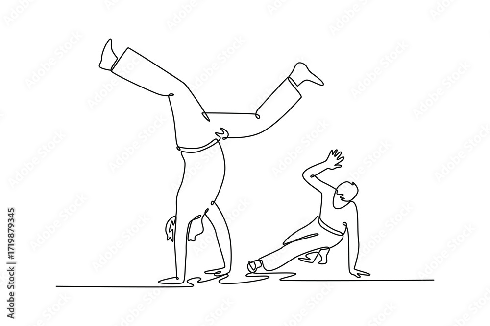 Obraz premium Single continuous line drawing two figures in dynamic Capoeira partnership, with one in an inverted handstand and the other in a low, graceful crouch. One line draw graphic design vector illustration