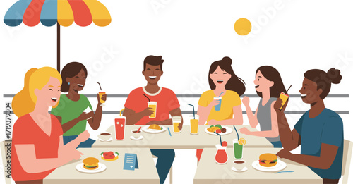 Friends Enjoying a Meal Together at an Outdoor Restaurant