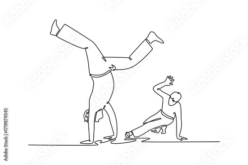 Single continuous line drawing two figures in dynamic Capoeira partnership, with one in an inverted handstand and the other in a low, graceful crouch. One line draw graphic design vector illustration