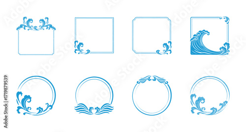 Collection of Asian-style vector frames with elegant water wave and sea foam ornaments in vintage blue color.