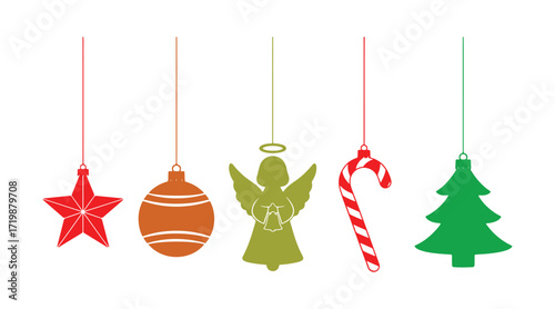 Collection of suspended Christmas tree ornaments.
