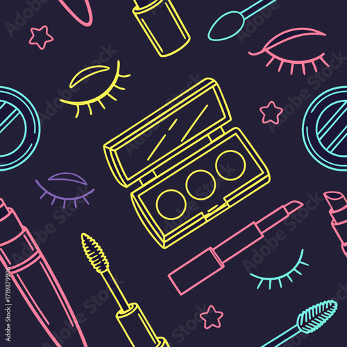 Vibrant collection of makeup essentials including lipstick, mascara, eyeshadow, and brushes creating a playful, modern beauty pattern for fashion and cosmetic brands