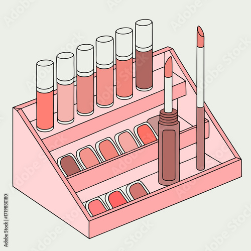 Display of various shades of lip gloss and lipstick in a pink cosmetic organizer for beauty product promotion and makeup artistry
