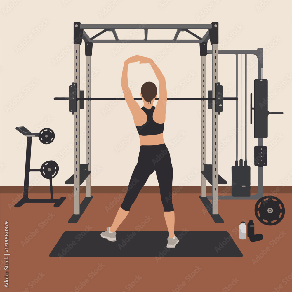 Fototapeta premium Woman stretching her arms before exercising in the home gym room