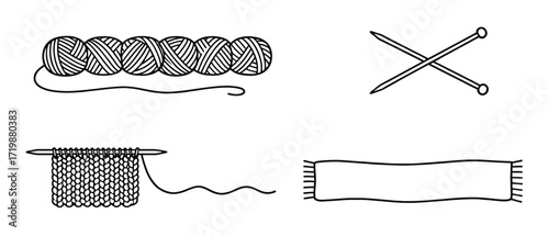 A step-by-step guide to knitting a scarf, illustrating the use of yarn balls and knitting needles to create a finished, handcrafted winter accessory.