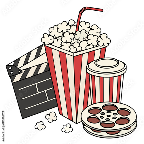 Movie night essentials popcorn soda film reel and clapperboard for cinema lovers and movie buffs night out