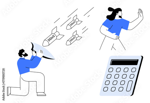 Defensive stance with shield blocking incoming labeled DDoS missiles, retreating woman and calculator evoke cybersecurity, threat protection, IT challenges. Ideal for cybersecurity, data protection