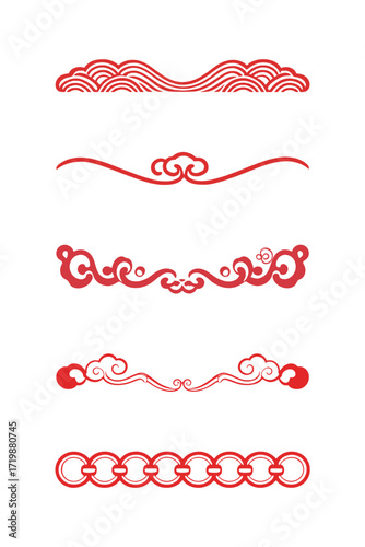 Set of red Chinese style decorative horizontal dividers and borders with clouds and wave patterns
