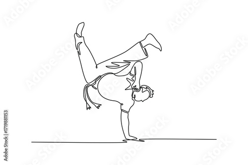 Single one line drawing man demonstrating incredible strength and balance while performing challenging, one-handed handstand, move of Capoeira. Continuous line draw design graphic vector illustration