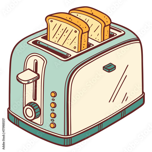 Retro toaster cheerfully toasting two golden slices of bread, breakfast time happiness, vintage kitchen charm, morning routine delight