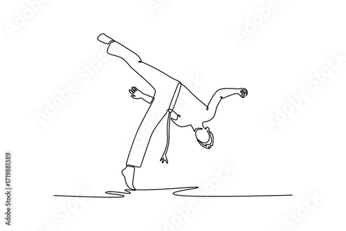 Single one line drawing active male in a dynamic Capoeira pose, highlighting the fluidity, acrobatics, and power of martial arts dance. Modern continuous line draw design graphic vector illustration