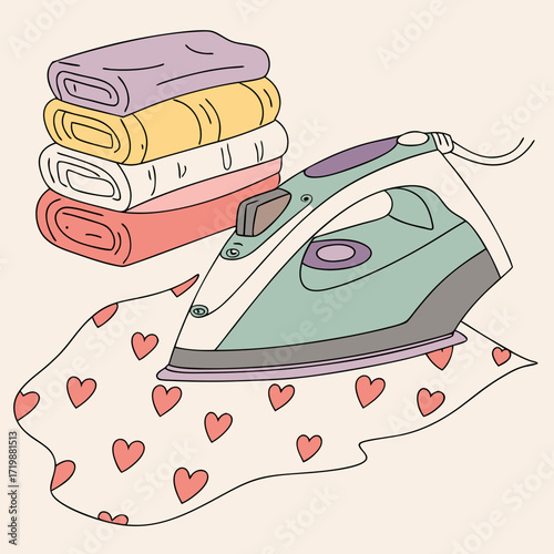 Freshly laundered stack of folded clothes with iron ready for use, modern convenience for effortless garment care routine