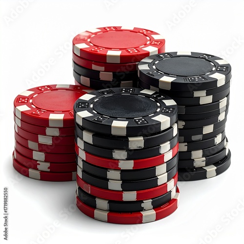 A collection of red and black poker chips stacked and ready for a high-stakes game of chance or gambling