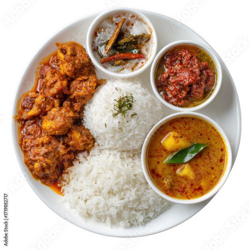 Home made south indian spicy non veg meal combo for one with white rice chicken curry [Transparent Background PNG].