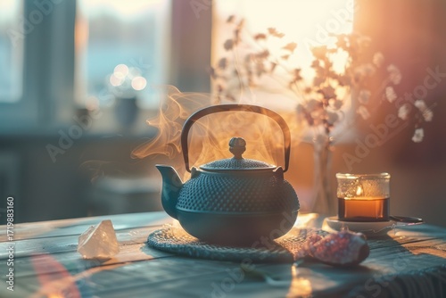 A steaming teapot and a glass of tea on a wooden table in a cozy room filled with warm sunlight, creating a serene atmosphere