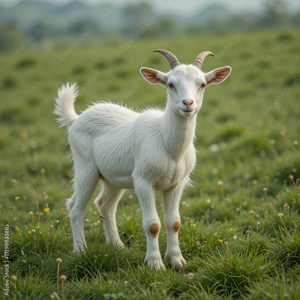 Fototapeta premium Small white goat stands on lush green field