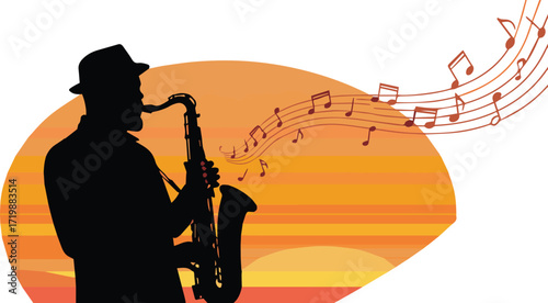 Silhouetted Saxophonist Playing at Sunset with Musical Notes