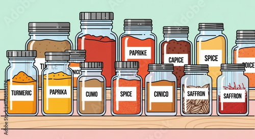 A colorful collection of spice jars with labels, showcasing turmeric, paprika, cumin, saffron, and other seasonings, perfect for culinary and food illustrations