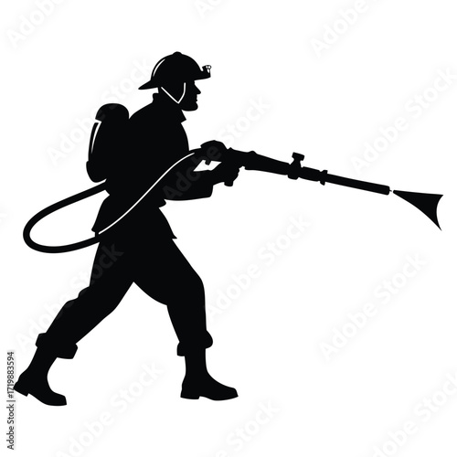 Firefighter holding rescue hose silhouette