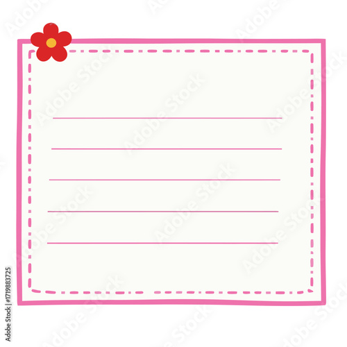 A lined memo pad with a pink dashed border and a small red flower, on a white background.