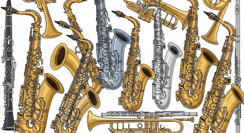 A vibrant pattern of wind instruments, including saxophones, trumpets, clarinets, and flutes, creating a musical and artistic background for jazz and orchestra themes