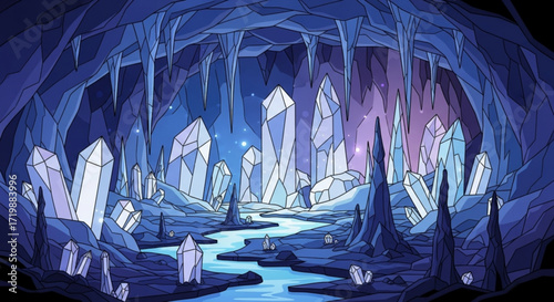 Mystical ice cave with glowing crystals and a flowing river, creating a magical and enchanting underground landscape, perfect for fantasy and adventure themes