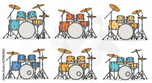 Set of colorful drum kits, showcasing different styles and configurations for music enthusiasts and drummers alike