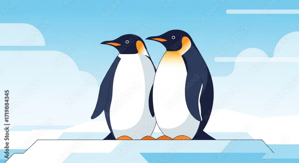 Naklejka premium Vector illustration of two emperor penguins standing side by side on an ice floe, set against a gradient blue background, ideal for polar or animal themes