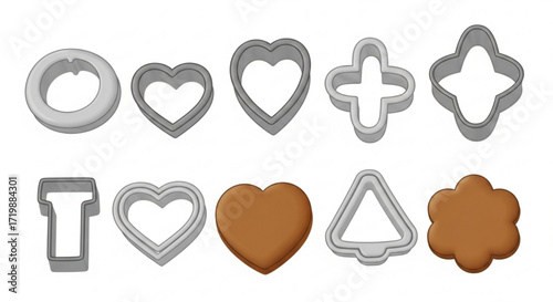 Cookie cutters of various shapes, including heart, circle, flower, triangle, and cross, for baking and confectionery projects
