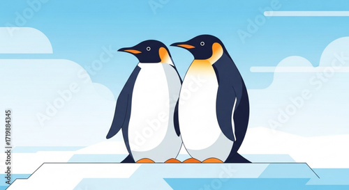 Vector illustration of two emperor penguins standing side by side on an ice floe, set against a gradient blue background, ideal for polar or animal themes