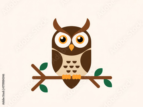 Cute cartoon owl illustration sitting on branch, wise bird character with big eyes, flat vector animal design for education, children’s books, stickers, logos, nature and wildlife themed projects