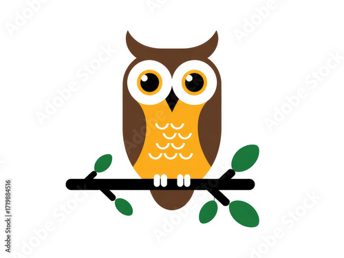 Cute cartoon owl illustration sitting on branch, wise bird character with big eyes, flat vector animal design for education, children’s books, stickers, logos, nature and wildlife themed projects