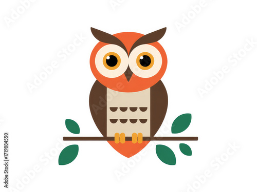 Cute cartoon owl illustration sitting on branch, wise bird character with big eyes, flat vector animal design for education, children’s books, stickers, logos, nature and wildlife themed projects