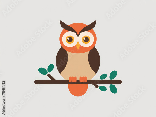 Cute cartoon owl illustration sitting on branch, wise bird character with big eyes, flat vector animal design for education, children’s books, stickers, logos, nature and wildlife themed projects