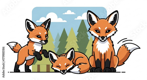 A delightful illustration showcasing three adorable foxes amidst a serene forest backdrop, with lush green trees and fluffy white clouds