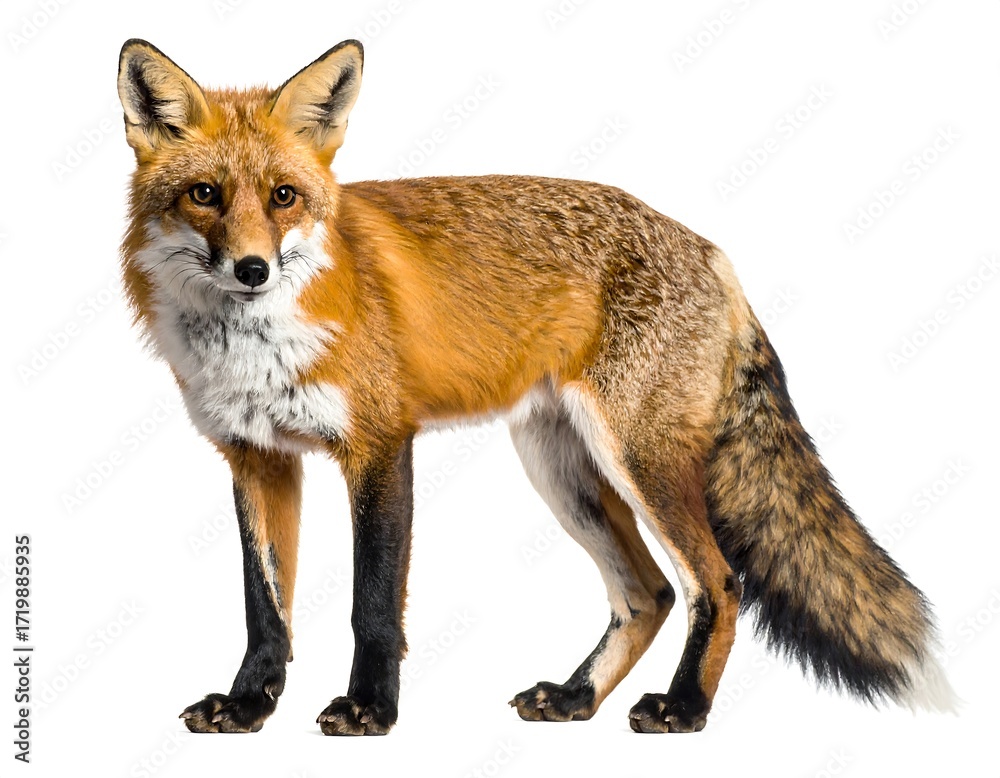 Fototapeta premium A majestic red fox stands tall, showcasing its vibrant fur against a clean white background, a symbol of wild beauty