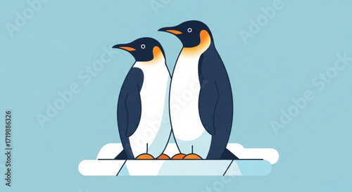 Two emperor penguins standing on an ice floe, side by side, in a minimalist vector illustration with a light blue background, cute and adorable