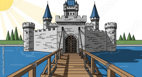 A cartoon illustration of a medieval castle with a drawbridge over a moat, sun shining in the background