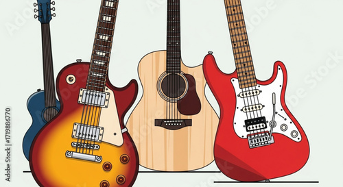 Collection of electric and acoustic guitars in a variety of colors and styles, showcasing musical instruments in a vector illustration